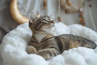 Contented tabby cat relaxing on soft white blanket with dreamy expression, golden moon decoration in background creates cozy atmosphere for pet lifestyle content.