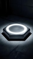 Futuristic hexagonal platform with glowing white neon ring light on dark concrete floor in modern industrial interior space for product display.