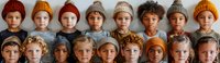 Diverse group of children wearing colorful knit winter hats and casual attire posing together against neutral background, perfect for education, diversity and youth concepts.