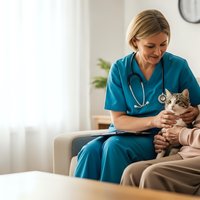 Female veterinarian in blue scrubs holding tabby cat during home visit consultation in bright modern living room for pet healthcare services.