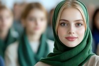 Young woman wearing green hijab smiling confidently in professional environment with soft natural lighting and blurred background. Modern workplace diversity portrait.