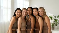Five diverse women in matching brown tank tops smiling together in bright indoor setting with natural window light for friendship and unity concepts.