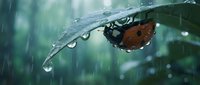 Ladybug clinging to wet leaf during rainfall with water droplets, showcasing nature's resilience and delicate wildlife in rainy weather conditions.
