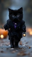 Black cat wearing formal attire with purple bow tie walks holding lantern and cane against blurred bokeh background. Mystical Halloween mood with soft evening lighting.