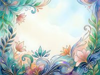 Watercolor floral frame with teal, pink and gold botanical swirls on soft pastel background, copy space for text or greeting card design.