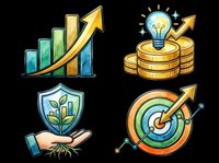 Growth chart with upward arrow and colorful bars, light bulb on stacked coins, hand holding shield with plant, and target with arrow. Isolated on transparent background, ready for t-shirts, clipart, stickers, and print-on-demand designs.