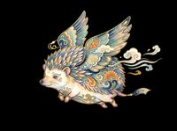 Ornate flying hedgehog with decorative wings and swirling patterns in gold, blue, and orange tones. Isolated on transparent background, ready for t-shirts, stickers, clipart, sublimation, and print-on-demand designs.
