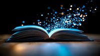 Magical open book with glowing blue light and sparkles rising from pages against dark background, creating mystical atmosphere on reflective surface.