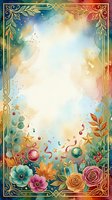 Ornate festive frame with watercolor gradient background, gold decorative borders, colorful flowers, stars, and confetti elements on isolated white center space for text or design overlay.