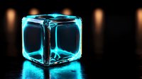Glowing blue neon cube on dark background with soft reflections and bokeh lights creates futuristic minimalist composition for technology concepts.