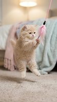 Fluffy cream-colored kitten playing with pink feather toy in cozy bedroom setting with soft lighting and blankets for pet care content.