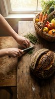 Hands chopping fresh herbs on rustic wooden cutting board with wicker basket of organic vegetables and artisan bread loaf in warm sunlit kitchen.