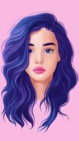 Young woman with vibrant blue wavy hair and pink lips on pink background, fashion portrait illustration in contemporary digital art style.