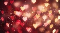 Romantic bokeh background with glowing hearts in warm red and golden tones, sparkling lights creating dreamy atmosphere for Valentine's Day designs.