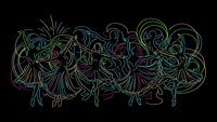 Colorful line art dancers in flowing motion on black background, folk dance celebration with swirling ribbons and traditional costumes for cultural designs.