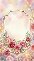 Elegant floral frame with gold border and pink roses, peonies, and greenery on soft watercolor background with hearts and bokeh lights. Perfect for wedding invitations, greeting cards, and romantic design projects.