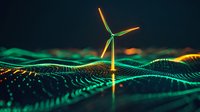 Glowing wind turbine on abstract digital landscape with flowing particle waves in green and orange colors against dark background. Clean energy concept.