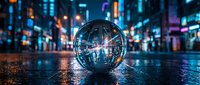 Crystal globe sphere reflecting neon-lit cityscape with glowing buildings and wet streets at night, representing global connectivity and digital technology.