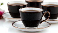 Elegant black and gold coffee cups with saucers arranged in row on white surface, fresh brewed coffee served in modern porcelain tableware for luxury dining.