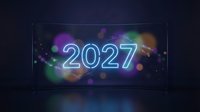 Futuristic neon 2027 number display on digital screen with colorful bokeh lights and glowing effects for New Year celebration and technology concepts.