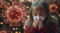 Young caucasian girl in winter coat blowing nose with tissue paper, virus cell floating nearby against blurred holiday lights background, health concept.