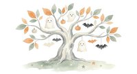 Cute watercolor Halloween tree with smiling ghosts, bats, and pumpkins hanging from branches, soft pastel tones, isolated on white background.