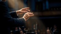 Professional conductor hands directing orchestra performance with dramatic lighting and expressive gestures during classical music concert.