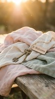 Vintage brass keys with a wooden welcome tag resting on soft linen fabric in warm golden sunlight, evoking home, hospitality and new beginnings.