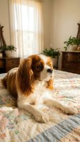 Adorable Cavalier King Charles Spaniel dog relaxing on cozy bedroom quilt with warm sunlight streaming through window creating peaceful domestic atmosphere.