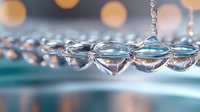 Macro photography of water drops forming chain on surface with bokeh lights in background. Crystal clear liquid spheres create natural lens effect and reflection.