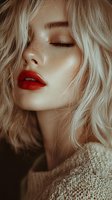 Young woman with platinum blonde hair, freckles and bright red lipstick in soft moody lighting wearing knit sweater. Close up beauty portrait with closed eyes and glowing skin.
