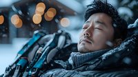 Young Asian male adventurer resting peacefully in winter environment with climbing gear, snow-covered background and bokeh lights creating atmospheric outdoor scene.