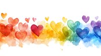Rainbow watercolor hearts border with soft blending effects creates romantic pattern in pride flag colors, floating on white background for greeting cards and celebrations.