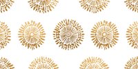 Golden sunburst medallions in repeating pattern on white background. Seamless geometric design with radial motifs creates elegant continuous surface pattern.