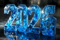 Glowing blue crystal numbers 2026 with internal frost patterns and light effects on dark background, futuristic new year concept for calendar designs.
