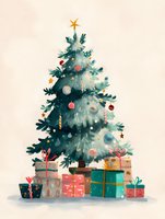 Watercolor Christmas tree decorated with ornaments and star topper, surrounded by colorful wrapped presents for holiday season celebration.