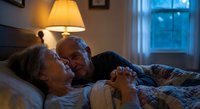 Senior couple lying together in bed at night with warm lamp light creating intimate romantic atmosphere for elderly love and companionship concepts.