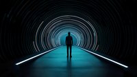 Silhouette of man standing in futuristic tunnel with circular light trails and glowing blue floor creating perspective and depth in dark space.
