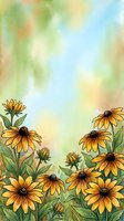 Watercolor black-eyed Susan flowers with yellow petals and dark centers on a soft blue-green background, perfect for cards and prints.
