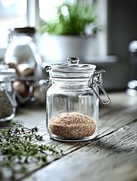 Glass jar with quinoa grains on rustic wooden table, fresh herbs in background. Moody kitchen atmosphere with natural lighting and shallow depth of field.