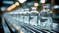 Row of glass bottles containing clear liquid on production line with selective focus and bokeh background. Pharmaceutical or cosmetic manufacturing.
