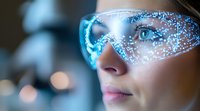 Futuristic protective eyewear with glowing blue light and sparkle effects on young caucasian woman face in profile view against blurred background.
