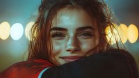 Young woman with freckles smiling at camera, wearing red sweater against blurred bokeh lights background in evening atmosphere, natural beauty portrait.