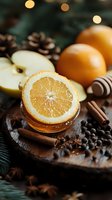 Fresh orange slice with winter spices, pine cones, apple and chocolate pralines on rustic wooden board. Cozy holiday food photography with bokeh lights.