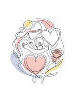 Mother holding newborn baby in continuous line art style with pastel hearts and floral elements for maternity designs.