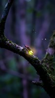 Glowing firefly on moss-covered tree branch in enchanted forest with magical purple bokeh lights creating dreamy twilight atmosphere for nature photography.