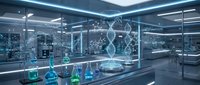Modern laboratory interior with holographic DNA helix display and scientific equipment for biotechnology research and genetic analysis applications.