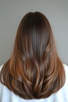 Back view of woman with glossy brown hair featuring subtle caramel balayage highlights, showcasing modern salon styling against neutral background.