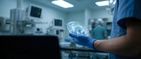 Medical professional in blue surgical glove holding digital holographic brain scan in operating room with medical equipment and staff in background for healthcare technology concepts.