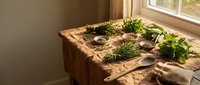 Fresh herbs and spices arranged on rustic wooden cutting board near sunny kitchen window, perfect for culinary cooking and food preparation projects.